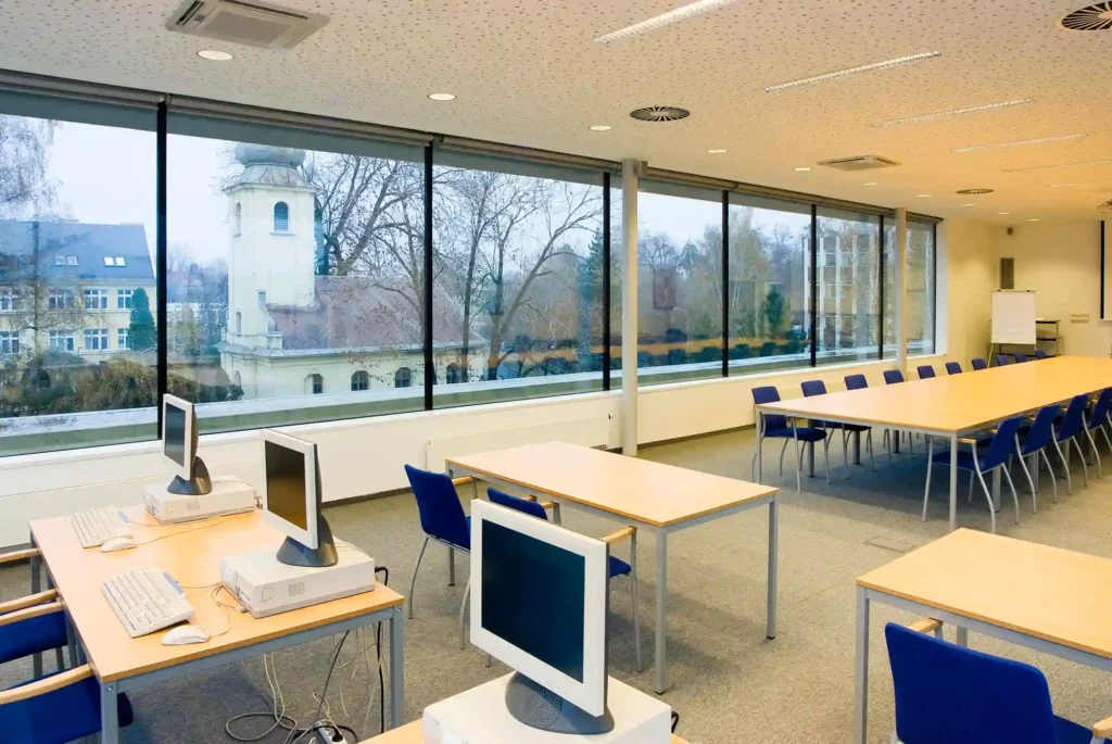 Computer classroom with freshly cleaned windows